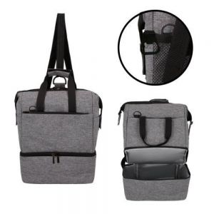 Lonchera con 2 compartimentos, 1 compartimento principal con doble cierre, 1 compartimento secundario en la parte inferior, 1 bolsa frontal, 2 bolsas laterales con broche de velcro, destapador, 1 bolsa de malla con velcro en la parte posterior, tirantes ajustables y 2 asas con broche de velcro.